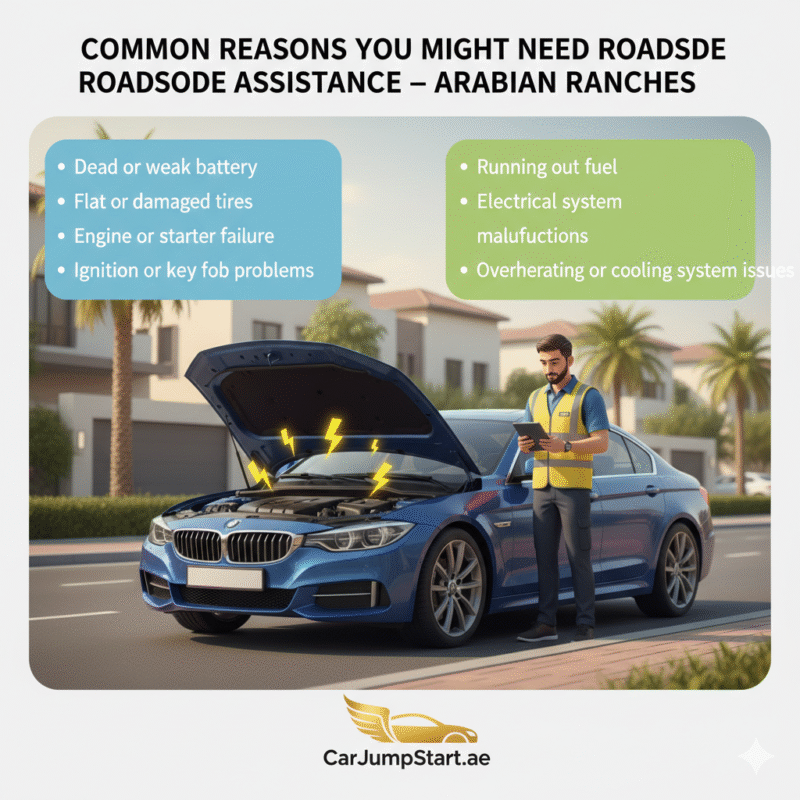 "Common reasons for roadside assistance in Arabian Ranches showing a technician inspecting a car with battery, tire, engine, ignition, fuel, and electrical issues listed on sides and brand logo."