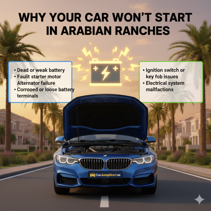"Guide showing why cars won’t start in Arabian Ranches, highlighting battery, starter, alternator, ignition, and electrical issues, with brand logo."