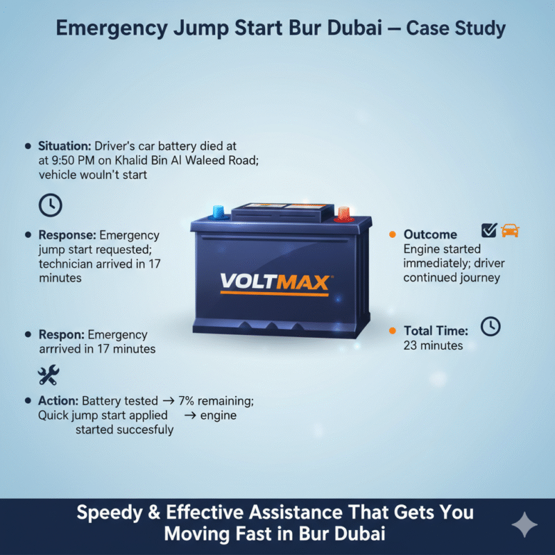 “Animated-style feature image showing a real-life emergency jump start case study in Bur Dubai, title on top, premium battery in center, case study points displayed on sides with icons.”
