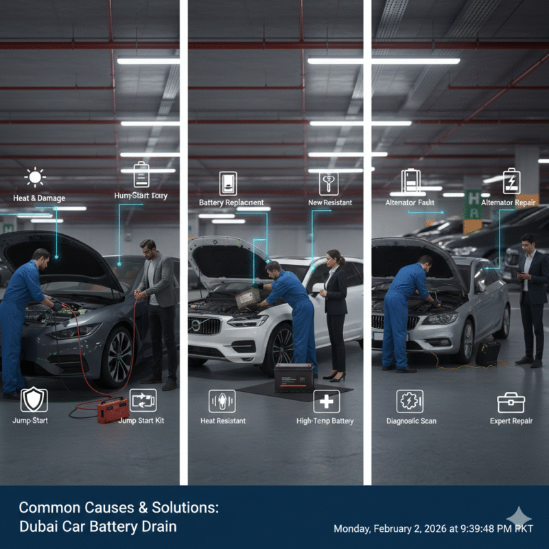 Infographic illustration of three Dubai car battery emergency cases with jump start and battery repair services.