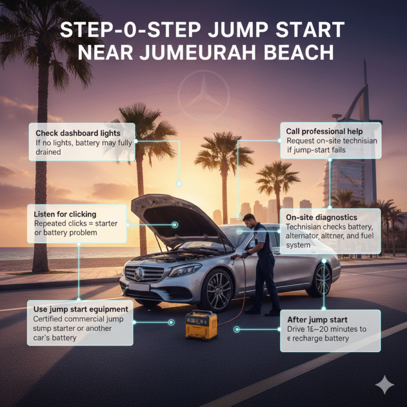 Luxury car stalled near Jumeirah Beach with roadside technician performing jump start, infographic showing step-by-step guide including dashboard check, click detection, jump start, professional help, diagnostics, and post-recovery drive