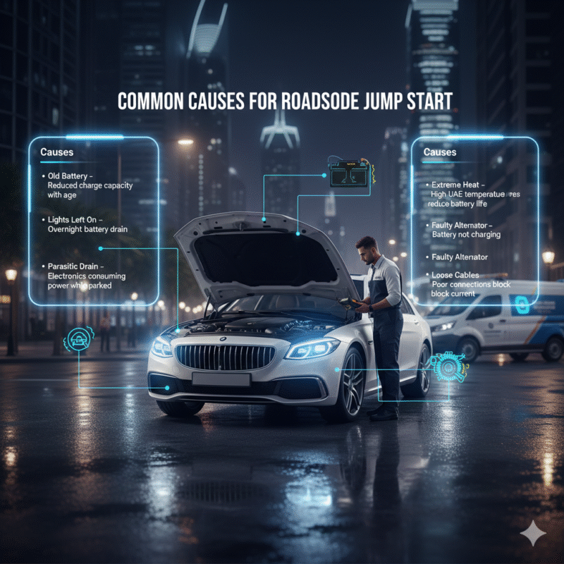 Infographic illustrating common causes of roadside jump start, including old battery, lights left on, parasitic drain, extreme heat, faulty alternator, and loose cables