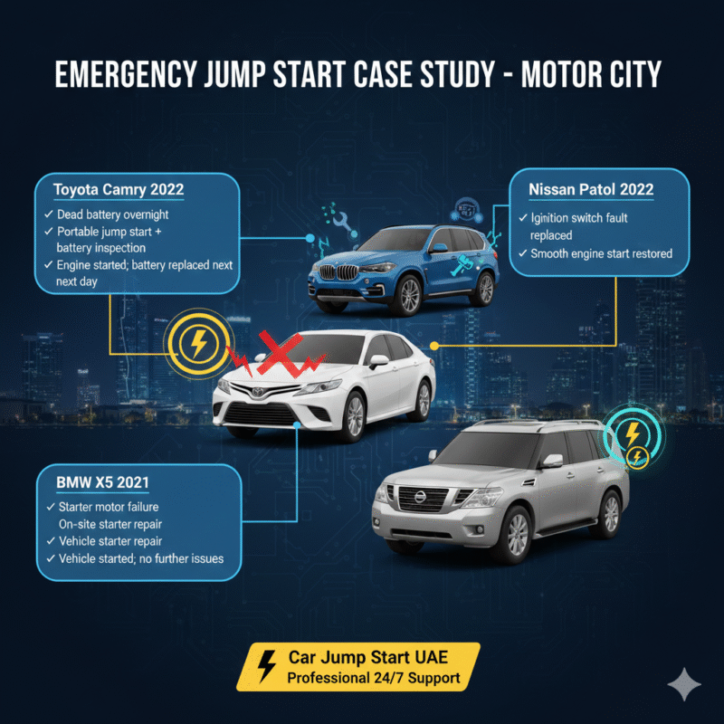 "Case study of emergency jump start services in Motor City showing key points on sides and a central animated car illustration with sparks and electrical icons."
