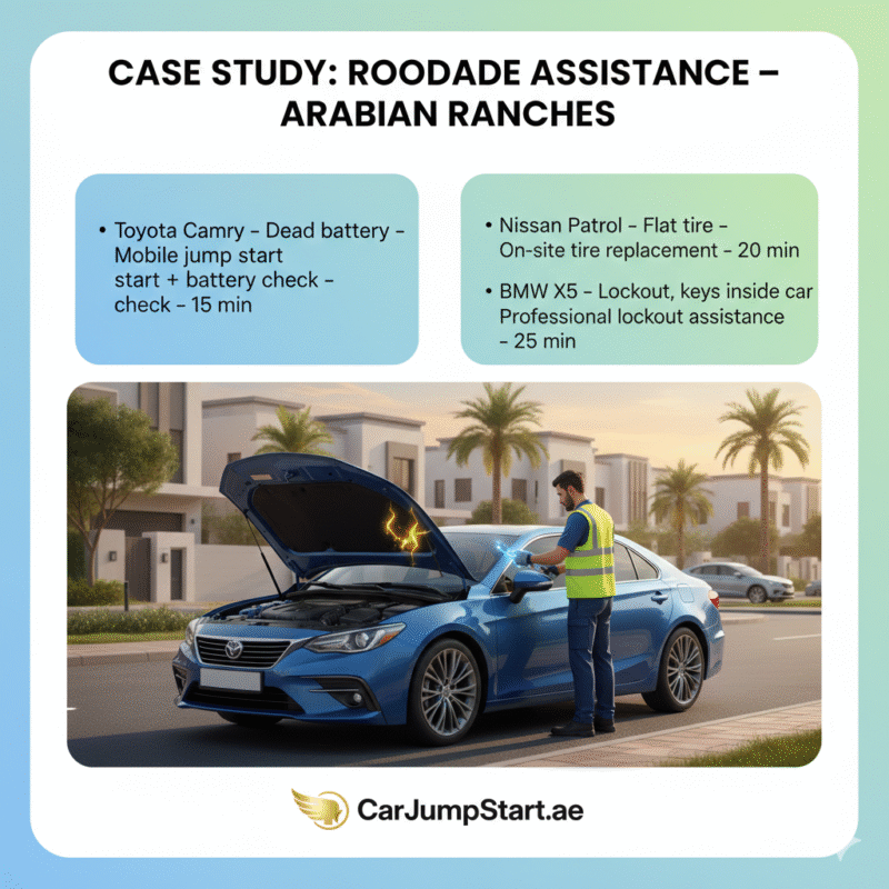 "Case study of roadside assistance in Arabian Ranches showing vehicle model, issue, solution, and response time with a central car image and brand logo."