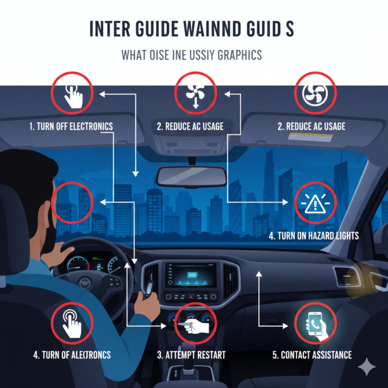 Illustration showing a driver taking step-by-step actions when car battery is drained after AC use in Dubai, including turning off electronics, reducing AC, restarting, and calling roadside assistance