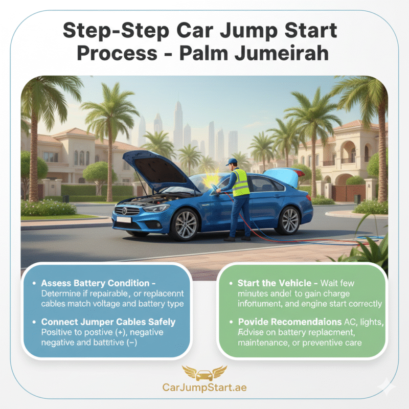"Step-by-step car jump start process in Palm Jumeirah showing a technician performing a jump start with battery, electrical systems, and vehicle checks displayed on sides, plus brand logo."