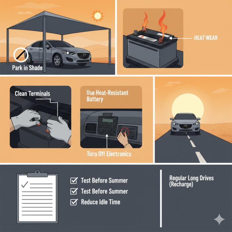 Infographic showing battery maintenance and preventive measures to avoid dying in Dubai desert heat