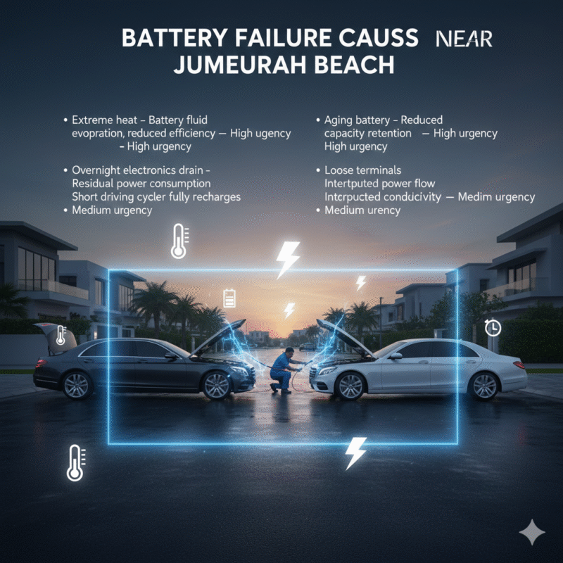 "Premium feature image showing battery failure causes near Jumeirah Beach, with title on top, key points on sides, and central luxury vehicle or technician scene with animated energy highlights."