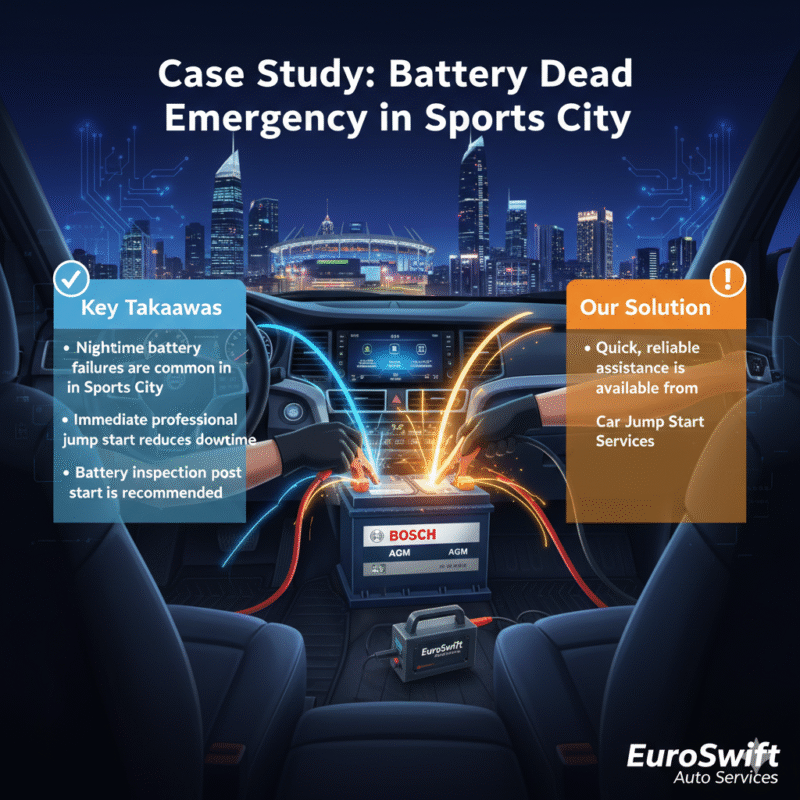 “User guide illustration showing the title at the top, key case study takeaways on the sides, and an animated SUV jump start scene with a brand logo in the center.”