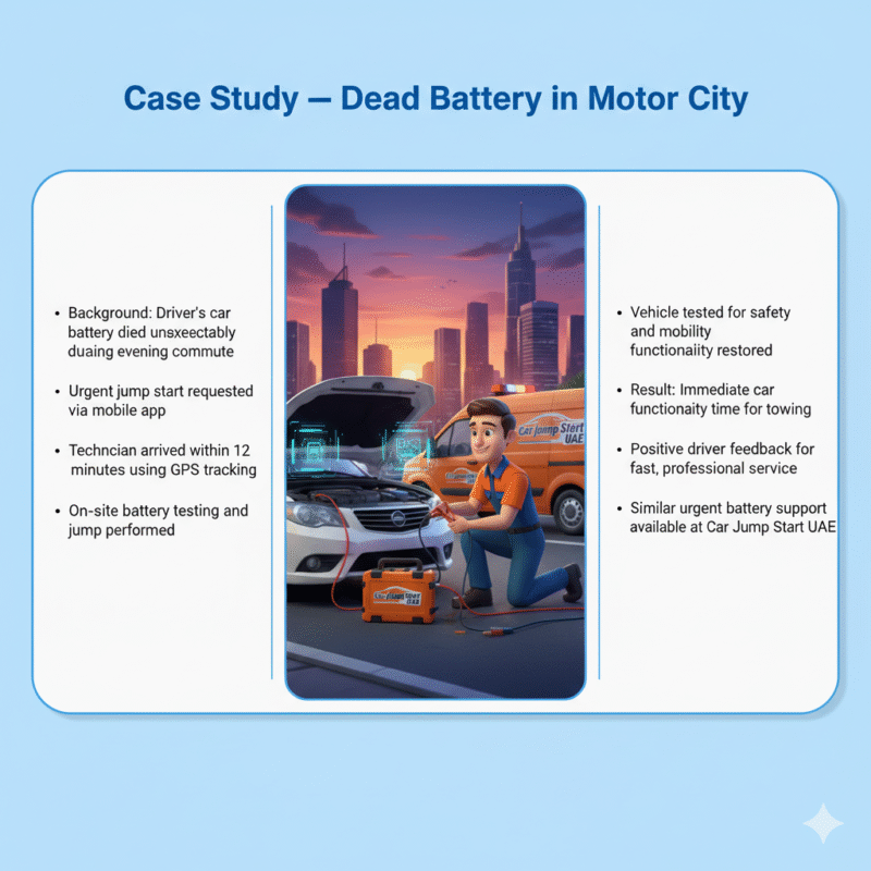 "Animated 3D illustration showing a technician performing an urgent jump-start on a car in Motor City, with side spaces for case study points and Car Jump Start UAE branding."