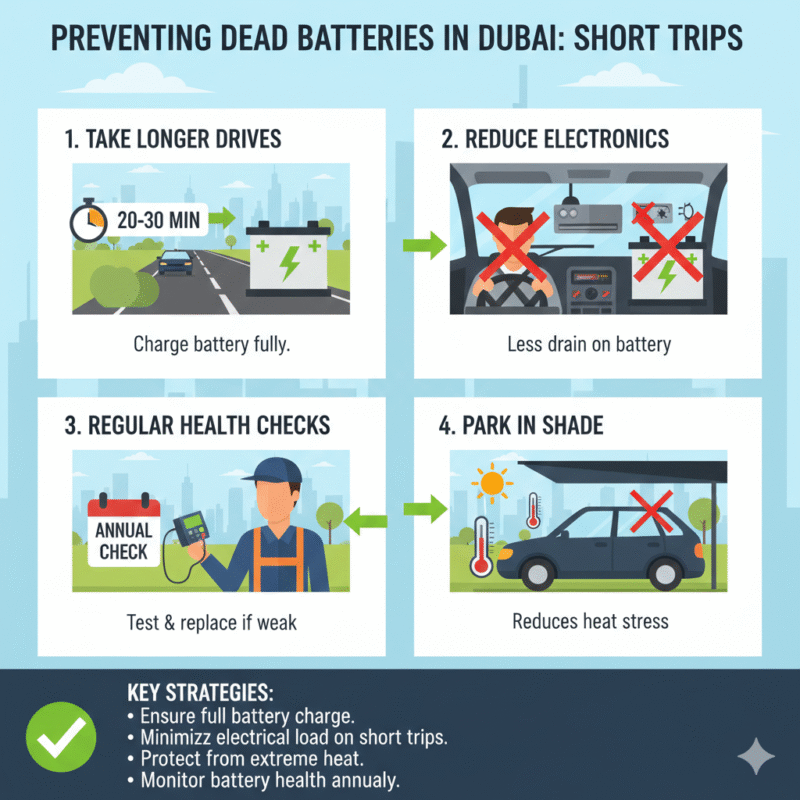 Illustration of a car with tips to prevent battery dying after short trips in Dubai, including weekly recharge drives, reducing electronics, battery health checks, replacing old batteries, and parking in shade