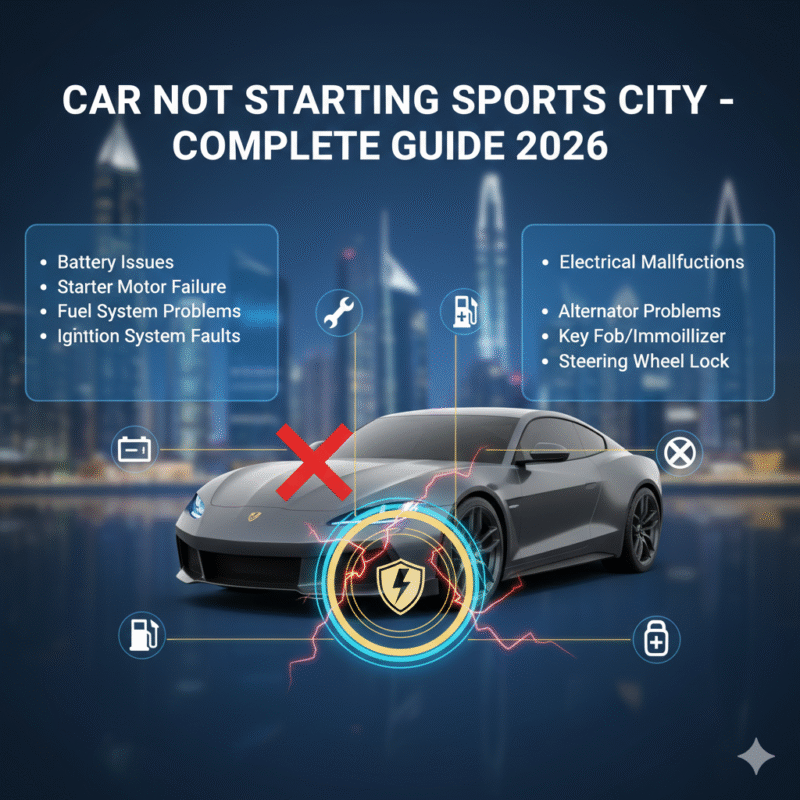 "User guide illustration for ‘Car Not Starting Sports City – Complete Guide 2026’ showing key points on sides and a central animated car image with electrical icons."
