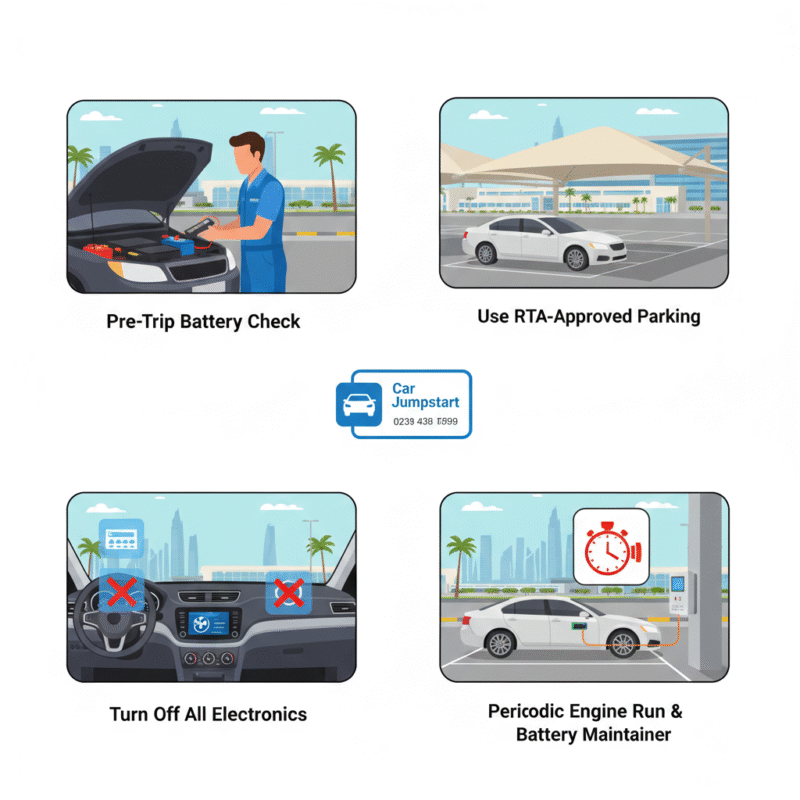 Infographic showing preventive steps for cars in Dubai airport parking: battery check, shaded parking, turning off electronics, periodic engine run, and jumpstart service contact.