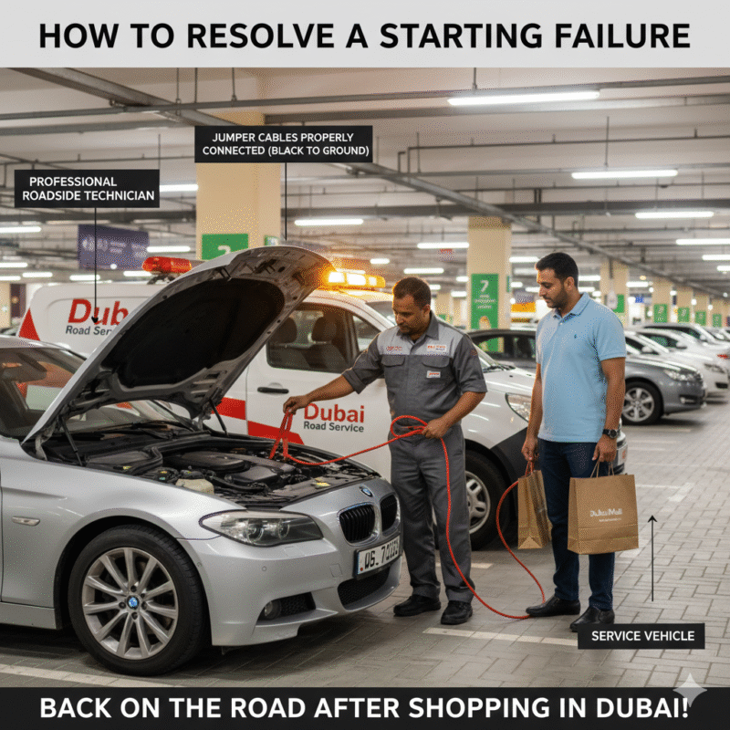 Technician jump-starting car in Dubai mall parking, jumper cables connected, driver waiting with shopping bags, car won’t start after shopping.