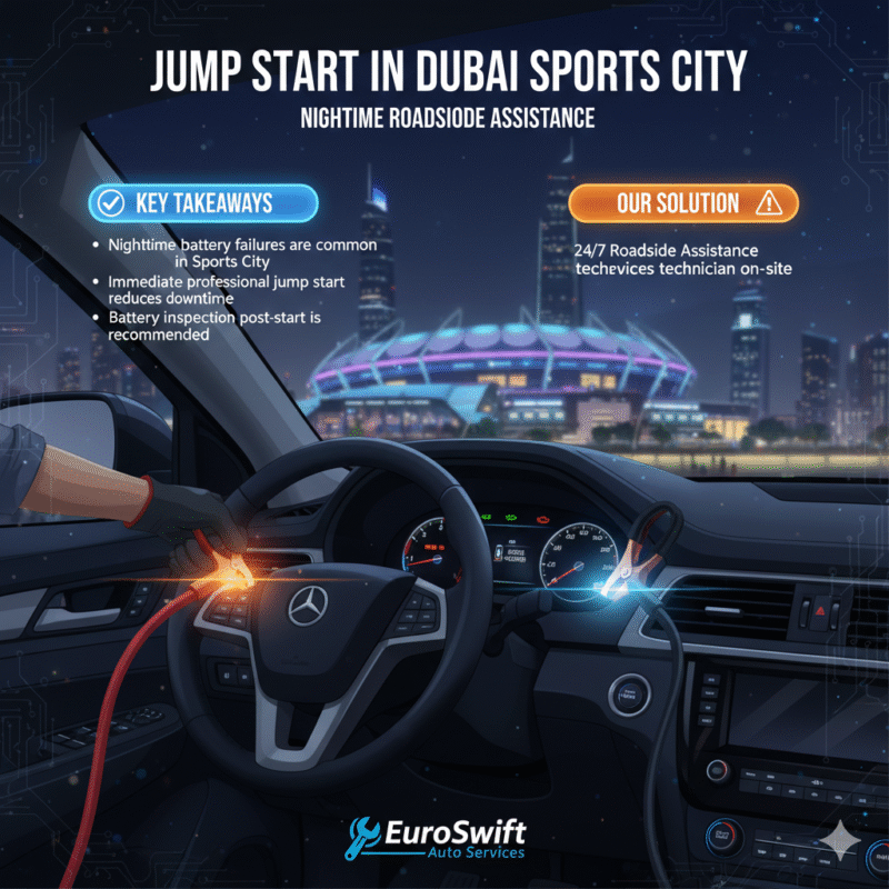 “User guide illustration showing the title at the top, key takeaways on the sides, and an animated car jump start scene with a brand logo in the center.”