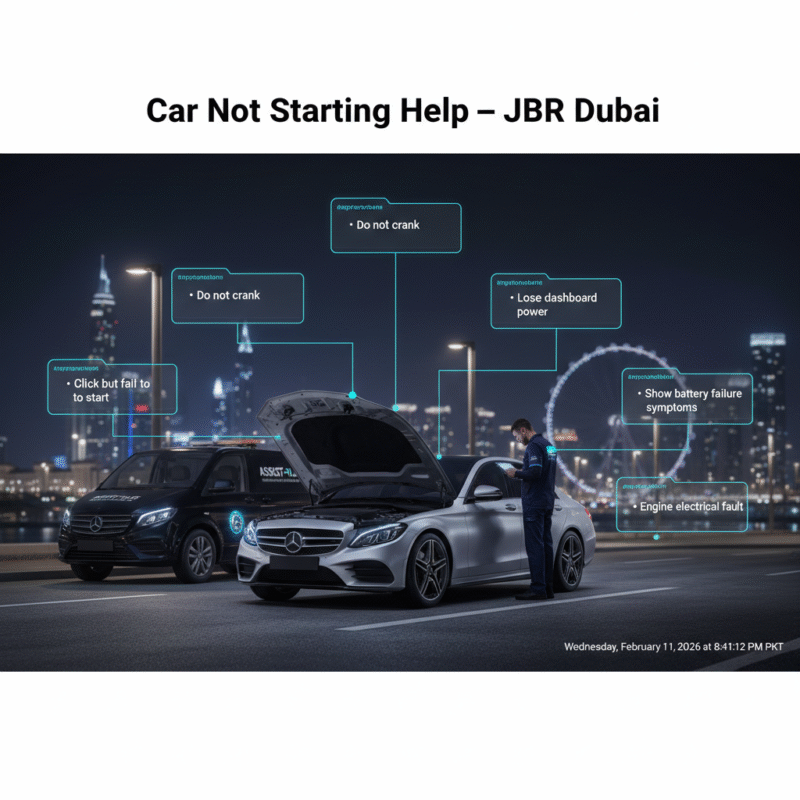 Car not starting help infographic showing roadside technician assisting vehicle with ignition failure in JBR Dubai