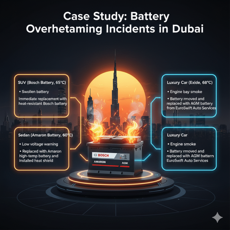 Infographic-style animated image showing real car no-start scenarios in Bur Dubai. Title “Car Won’t Start Bur Dubai: Real Case Study Scenarios” at the top. Side bullet points show Morning Commute (Toyota Corolla – Dead Battery), Nighttime (Nissan Patrol – Ignition Switch), Weekend Trip (BMW X5 – Fuel Pump Failure), Traffic Stop (Honda Civic – Loose Terminals). Central cars illustrated with animated icons for battery, fuel, and tools.