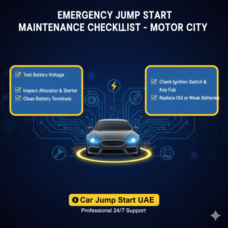 "Maintenance checklist for emergency jump start in Motor City showing key points on sides and a central animated car illustration with sparks and electrical icons."