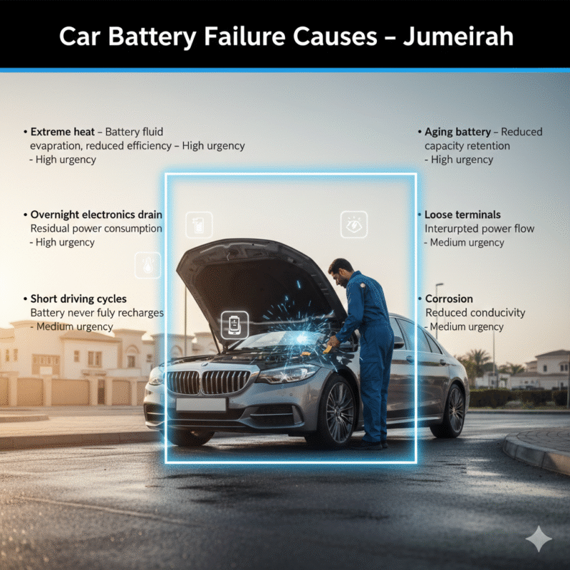 "Premium feature image showing car battery failure causes in Jumeirah, with title on top, key points on sides, and central luxury vehicle or technician performing battery service with animated highlights."