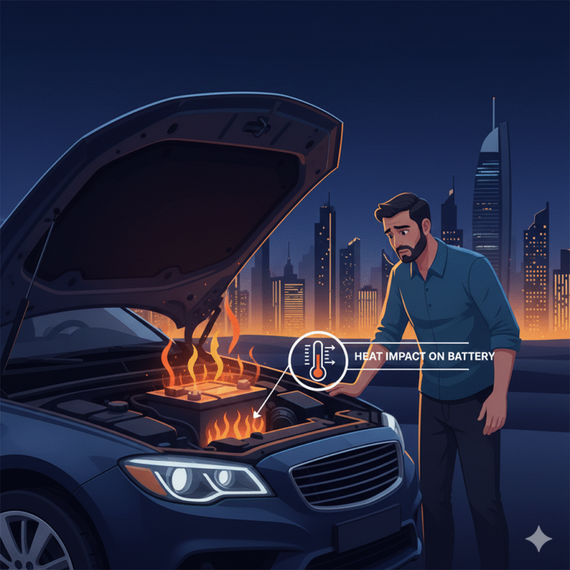 Illustration of overheating car battery at night in Dubai showing heat damage effect