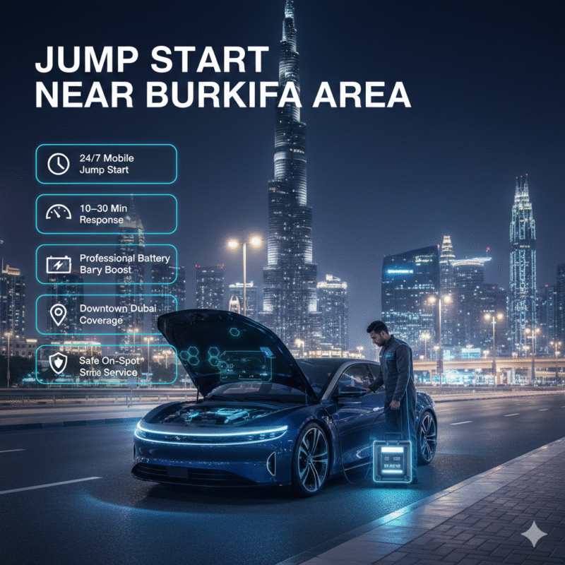 Jump start near Burj Khalifa area with mobile roadside technician boosting a car battery in Downtown Dubai