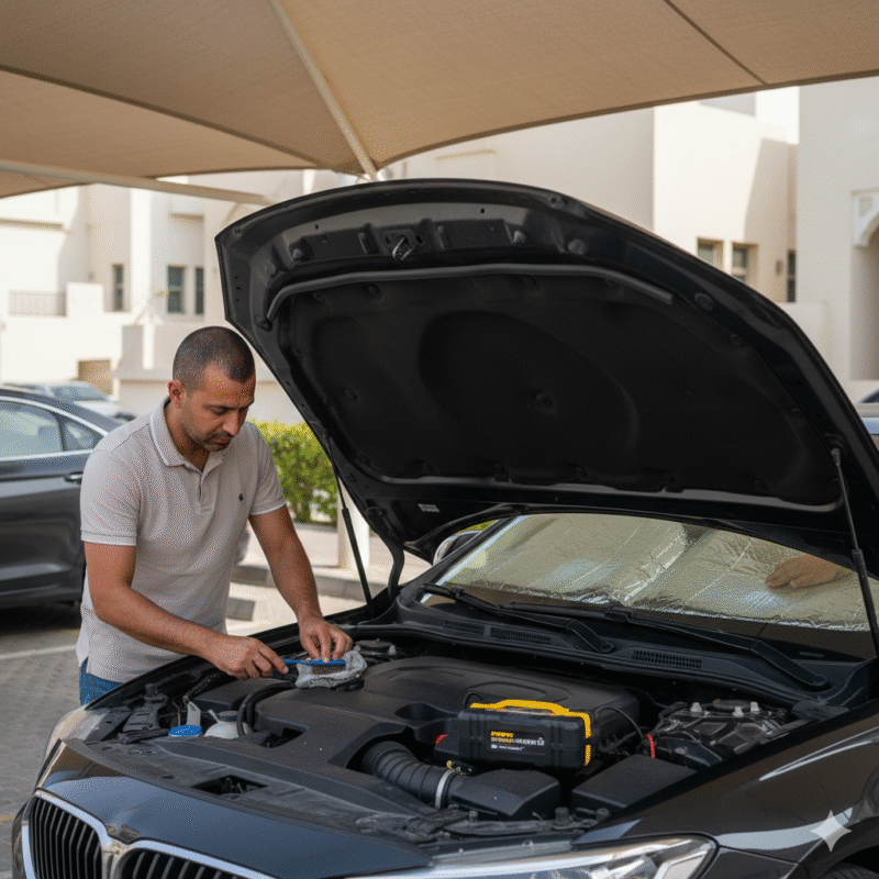 Car parked in shade with driver checking battery, using sunshade and portable jump starter, preventing battery drained in hot weather Dubai.