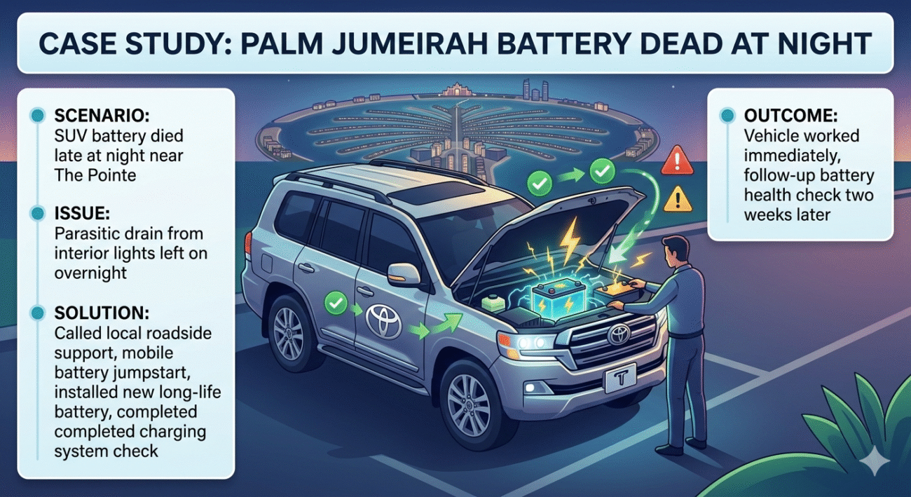 “Feature image showing a nighttime case study of a dead SUV battery in Palm Jumeirah, with animated vehicle in the center, title at top, and case study steps on sides in infographic style.”