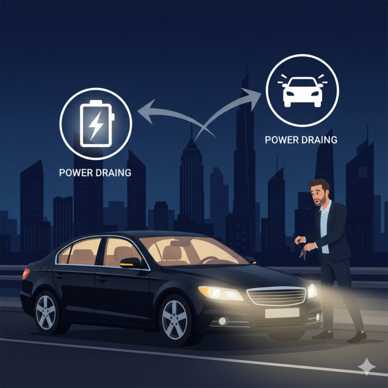 Illustration of car lights left on at night causing battery drain in Dubai