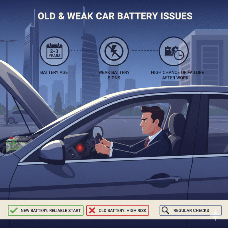 Dubai car parked after work with dashboard battery warning and corroded old battery, illustrating dead car caused by old or weak battery.