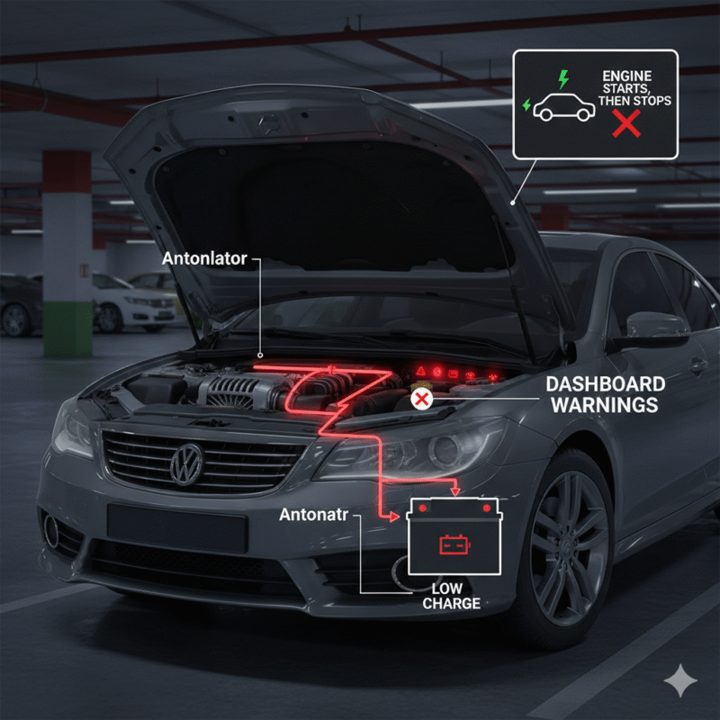 Illustration showing alternator failure preventing proper battery charging in a car parked in an underground Dubai garage.