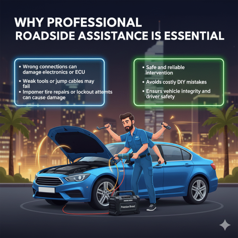 Animated-style illustration of a professional roadside technician safely performing jump start, tire repair, and lockout service in International City Dubai. Title "Why Professional Roadside Assistance Is Essential" at the top. Risks of DIY solutions displayed on sides in bullet format.