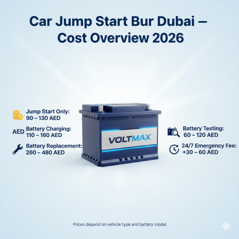 “Animated-style feature image showing cost overview for car jump start services in Bur Dubai 2026, title on top, premium battery in center, service prices displayed on sides with icons.”