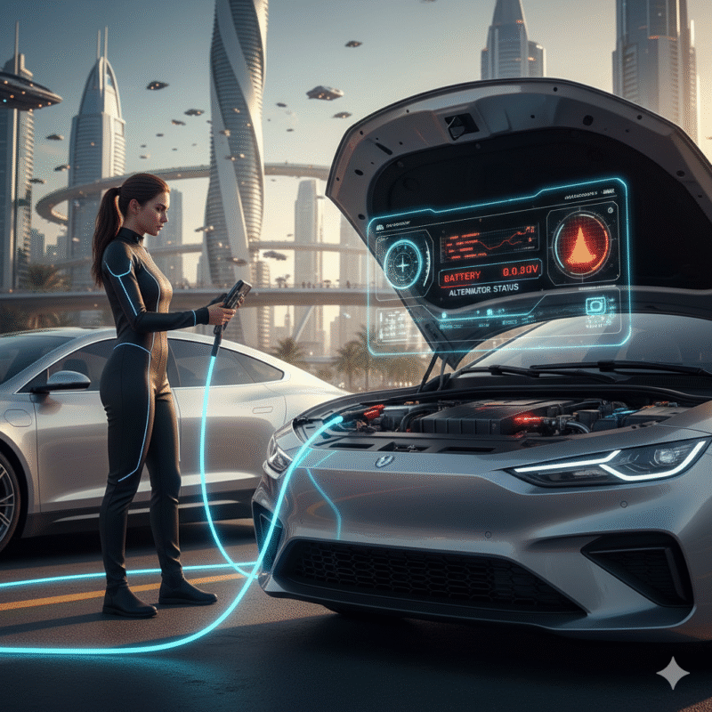 Dubai car with dead battery, heat map overlay showing temperature impact, glowing jumper cables connected to donor car, AR indicators for battery, alternator, and terminals