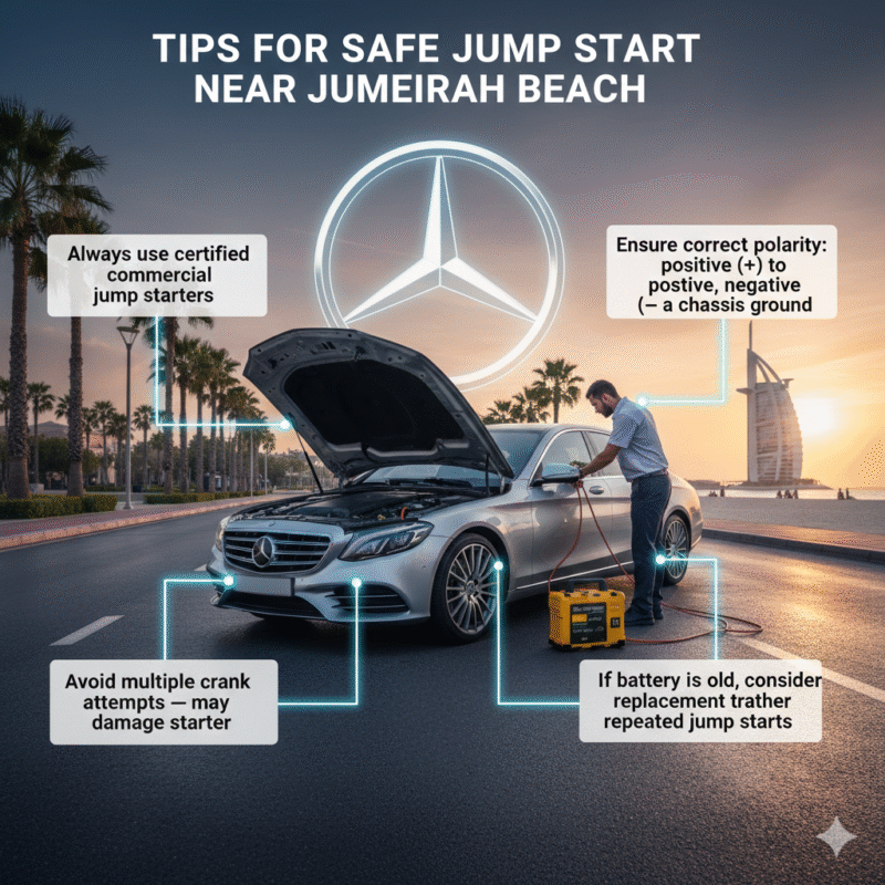 Luxury car stalled near Jumeirah Beach with roadside technician, infographic showing safe jump start tips including certified jump starters, correct polarity, avoiding multiple cranks, and battery replacement