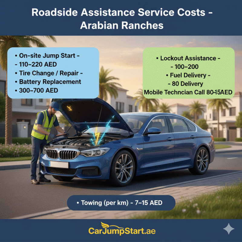 "Cost table showing typical roadside assistance service prices in Arabian Ranches, with central car image, animated effects, and brand logo."