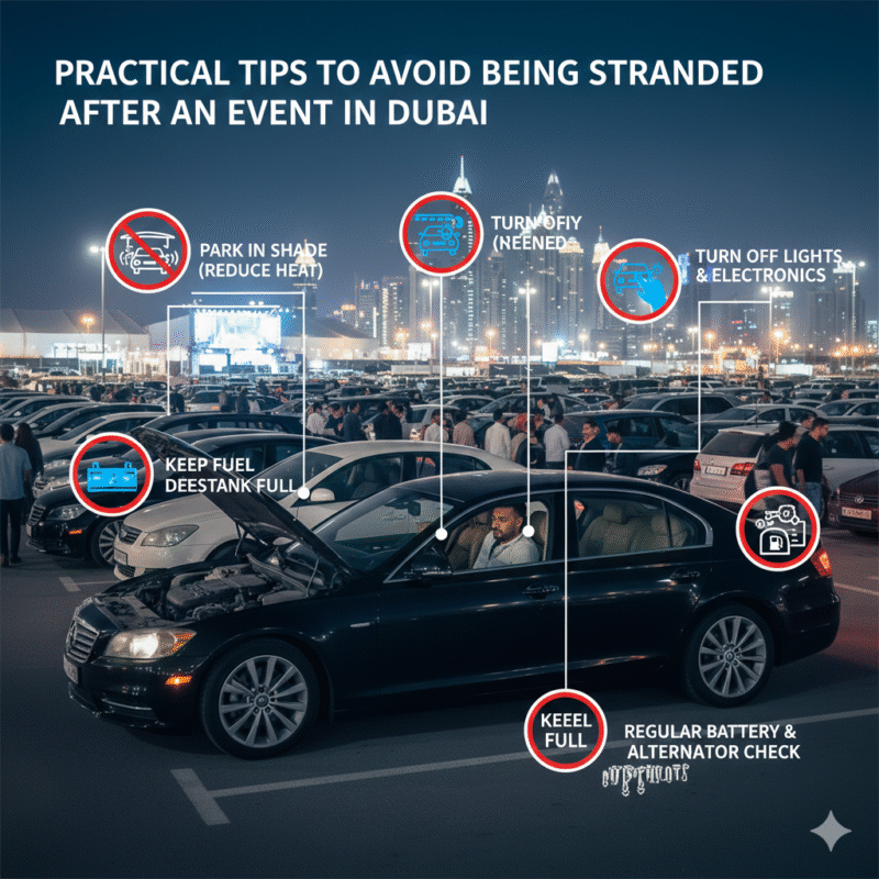 Illustration showing tips to prevent car stranded after event in Dubai, including shaded parking, turning off lights, full fuel, battery maintenance, and keeping roadside assistance contacts