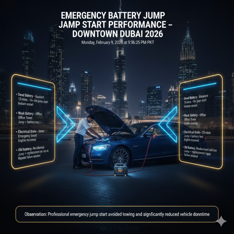 Infographic showing emergency battery jump start performance in Downtown Dubai with vehicle issues, response times, service actions, and results