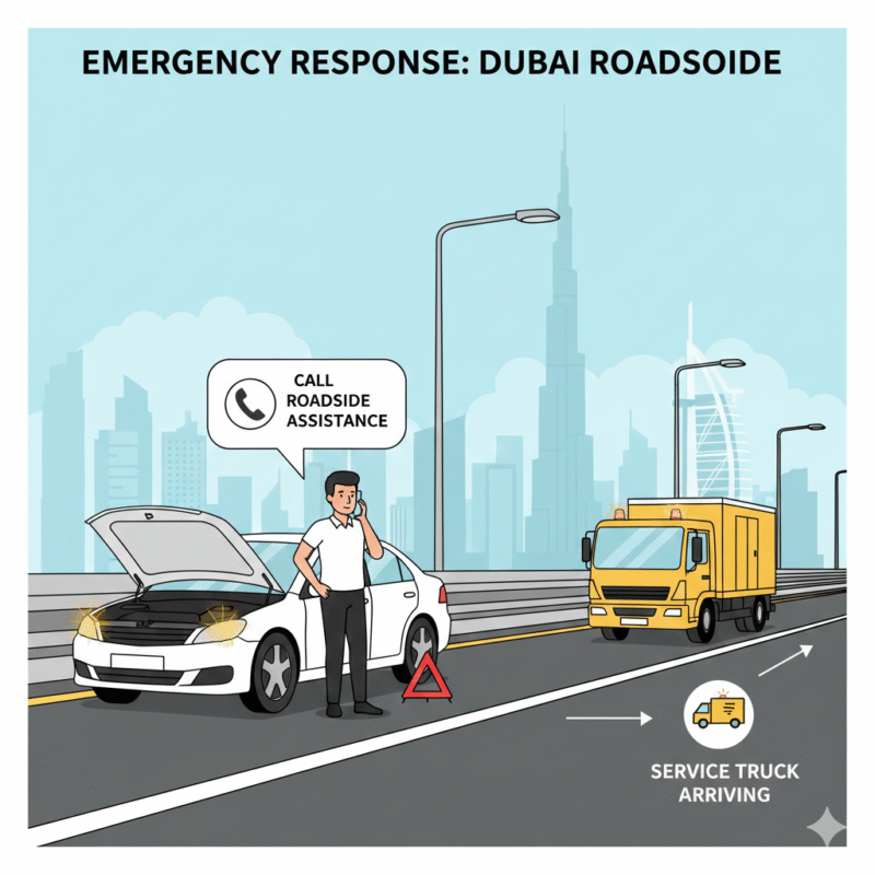 Driver using phone to request roadside assistance for a dead car battery on a Dubai road.