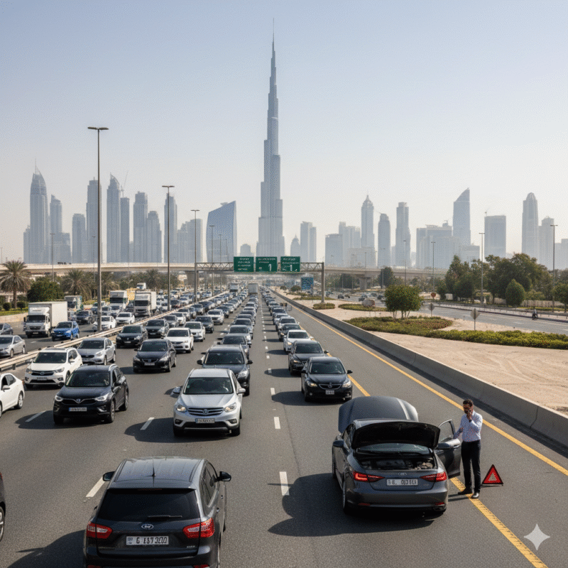 Car stuck on Dubai highway with dead battery and driver requesting roadside help in traffic jam.