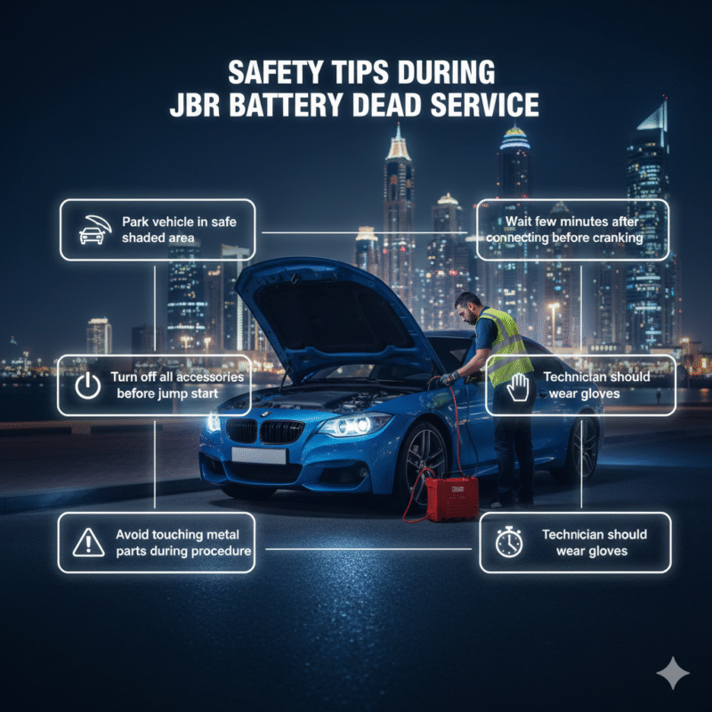 Infographic showing safety tips during JBR car battery dead service with luxury car and technician