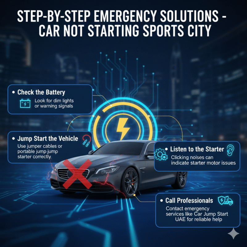 "Step-by-step emergency guide for car not starting in Sports City showing bullet points on sides and an animated car illustration in the center with electrical icons."