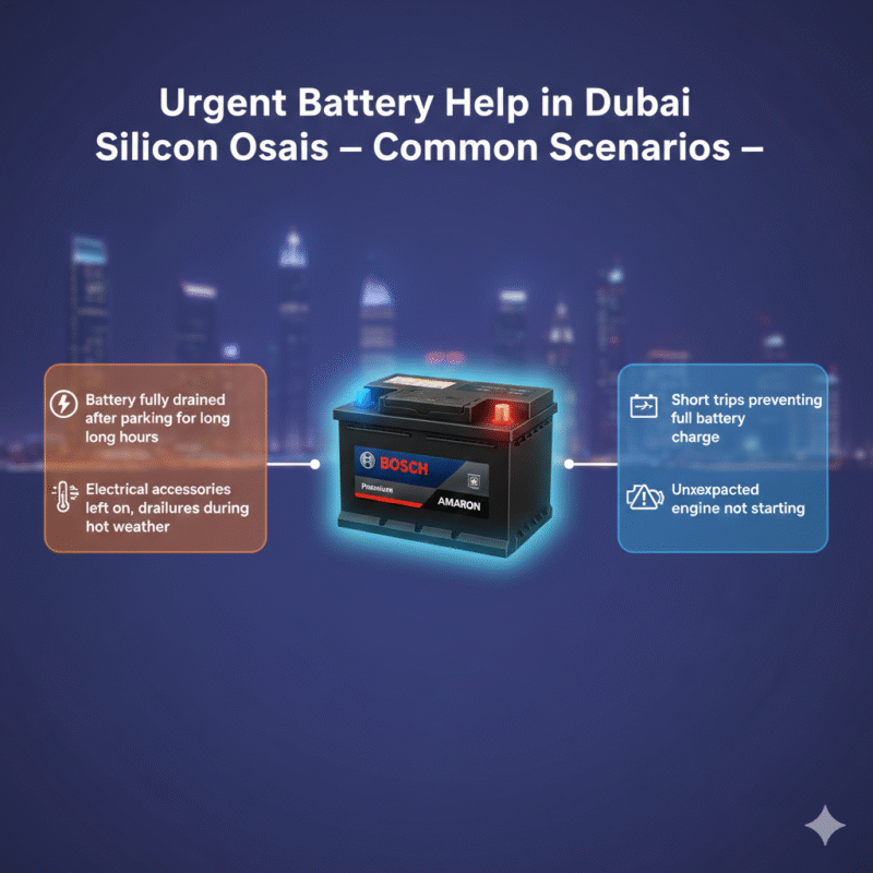 “Animated-style feature image showing common scenarios for urgent battery help in Dubai Silicon Oasis, with title on top, central premium car or battery image, and key points displayed on sides with icons.”