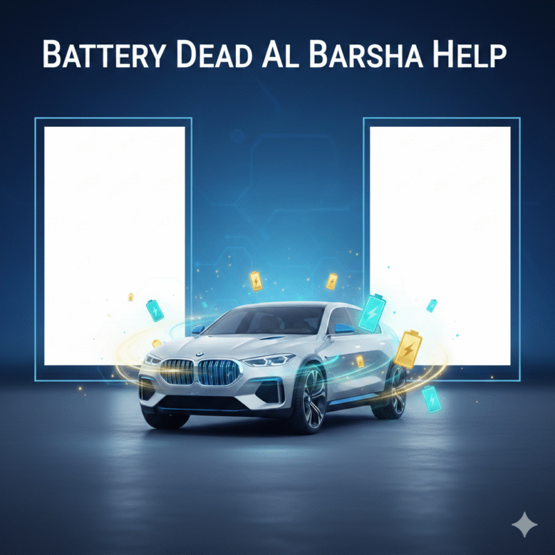 Feature image showing "Battery Dead Al Barsha Help" title at the top, central luxury car with animated battery symbols, and side spaces for tips and instructions.