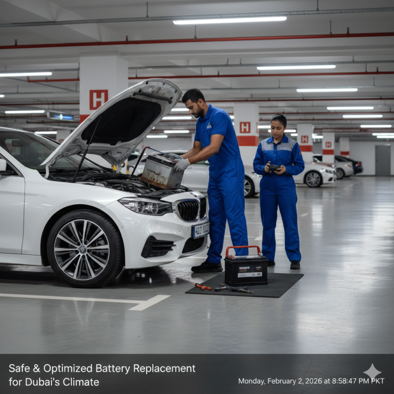 Mechanic performing battery replacement on a modern sedan in underground Dubai parking, preparing a new high-temperature battery.