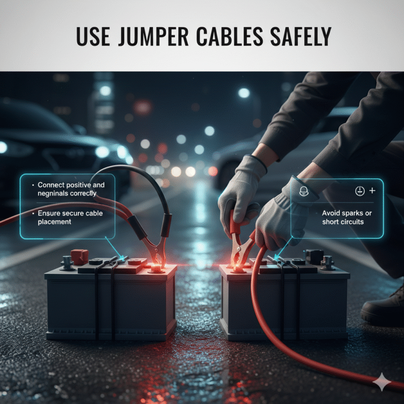 Infographic showing safe jumper cable connection between two car batteries with key safety steps highlighted