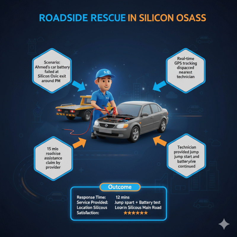 Animated infographic showing "Roadside Rescue in Silicon Oasis" with central brand image and key case study points and outcome displayed on sides.