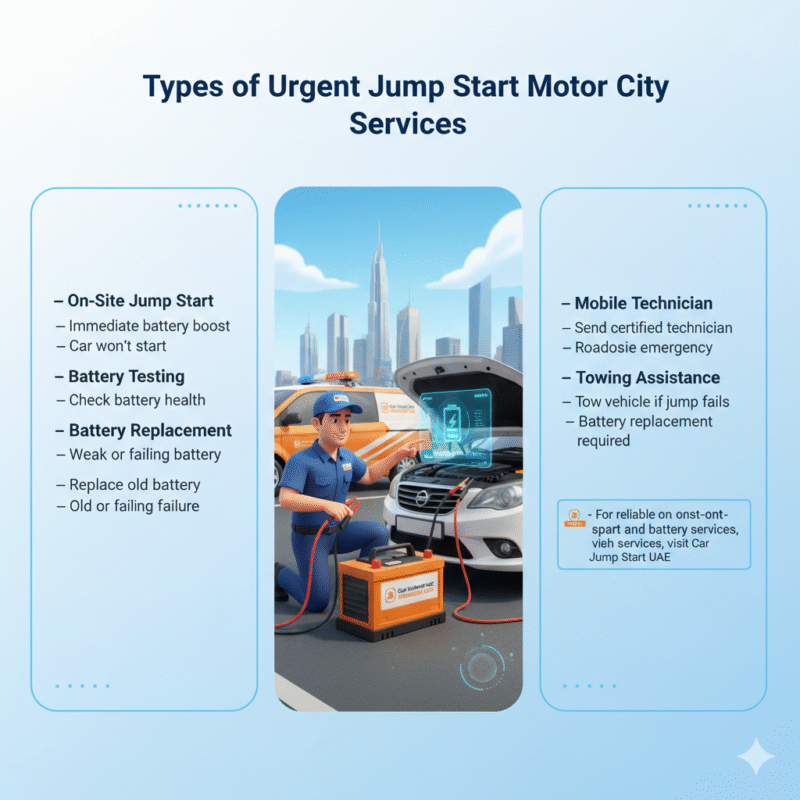 "Animated 3D illustration showing a technician performing urgent jump-start services in Motor City, with side spaces for service type points and Car Jump Start UAE branding."