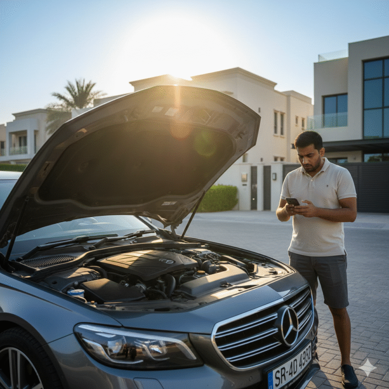 car stuck at home dead battery Dubai residential driveway scene