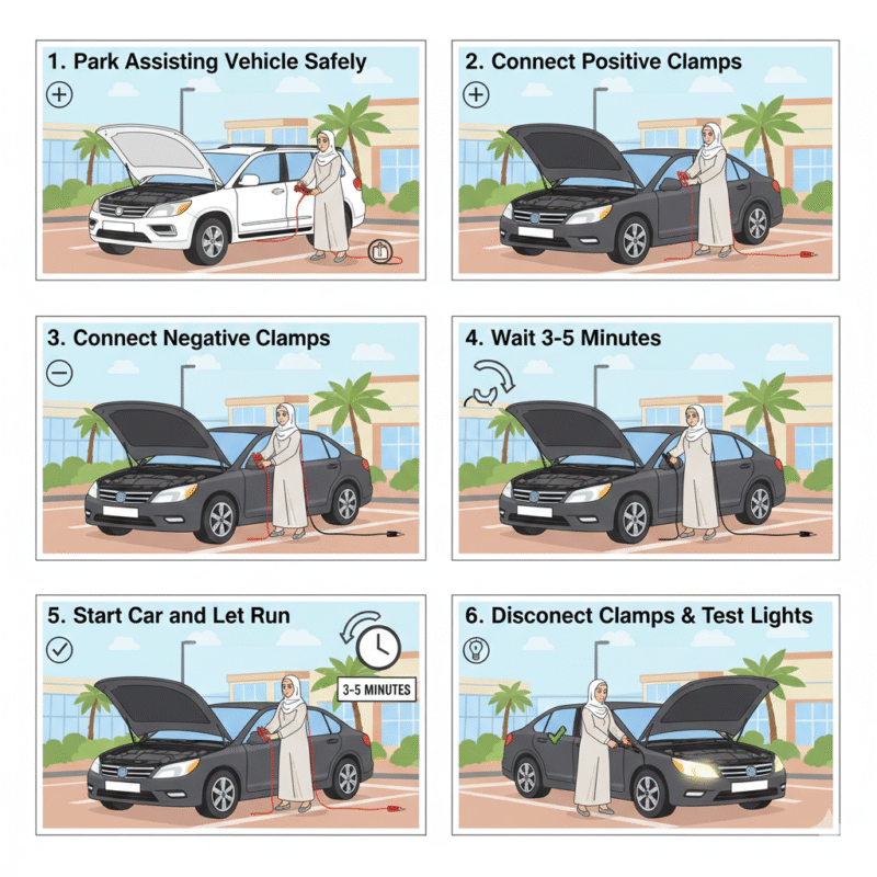 Illustration showing step-by-step jump start procedure for a car battery drained by lights in Dubai, including connecting clamps, waiting, starting car, and testing lights