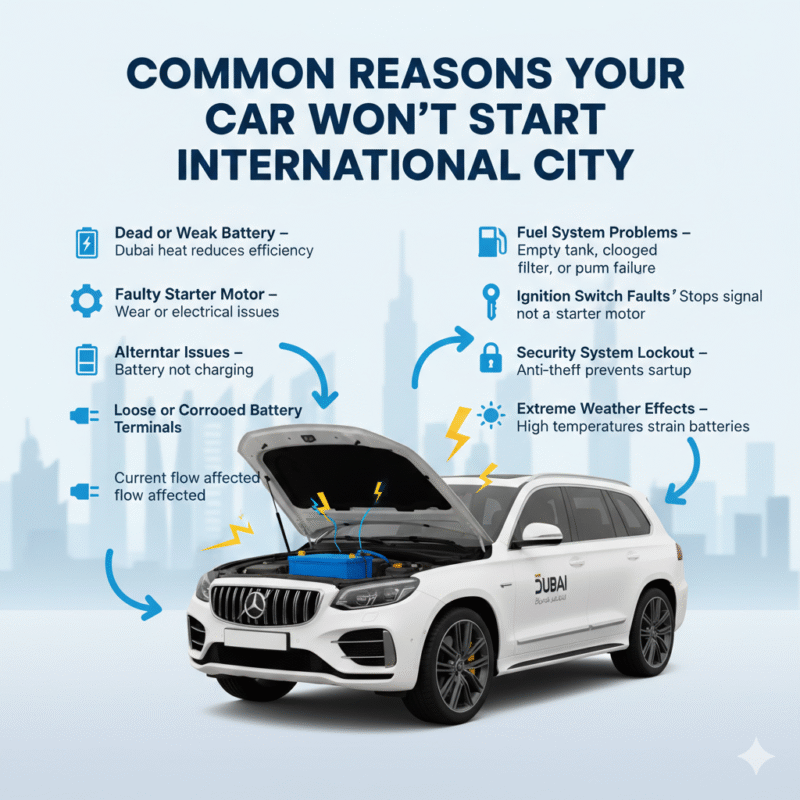 "Infographic-style user guide showing a luxury car with hood open and key reasons for 'Car Won’t Start International City' displayed on sides in animated bullet points."